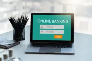 Online banking login, laptop with online banking screen,internet banking cyber security concept.